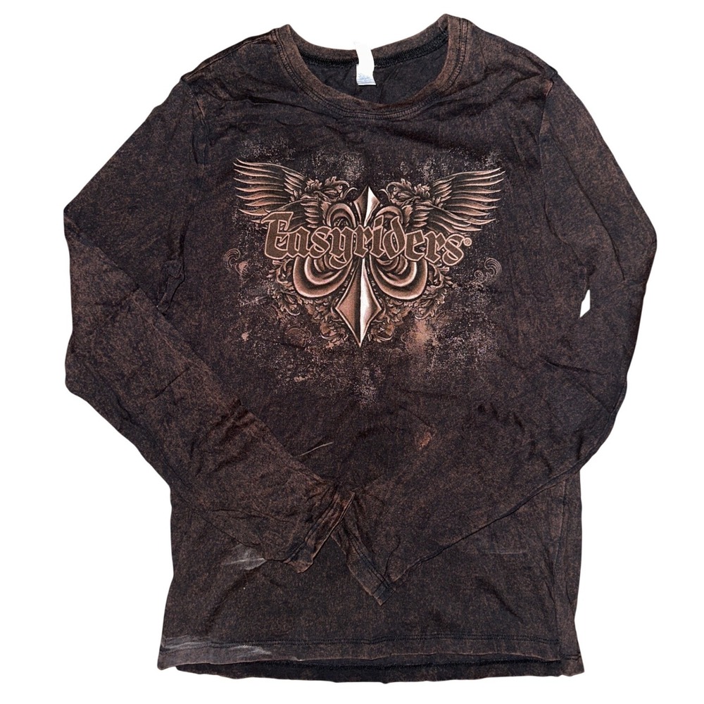 Easyriders Long Sleeve Graphic Tee Acid Wash Biker Cross Wings Black Brown Large